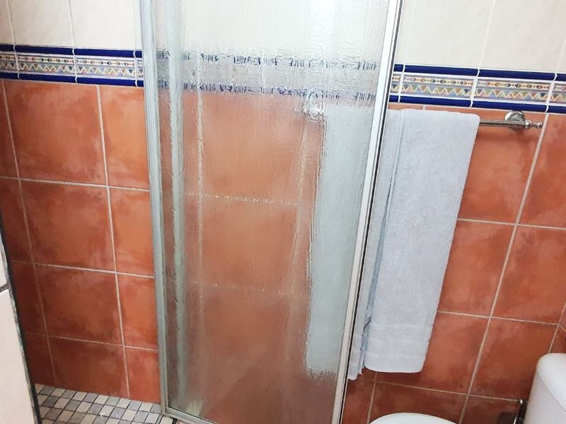 A functional bathroom featuring a shower enclosure with glass door, ceramic wall tiling with decorative border, and mosaic floor tiles.