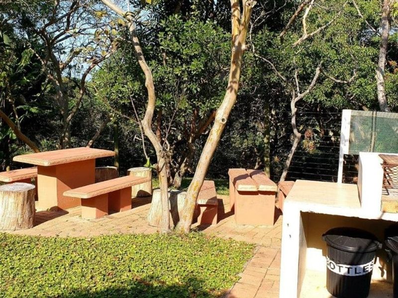 Outdoor entertainment area featuring a built-in braai, brick paving, and integrated seating set within a natural garden environment.
