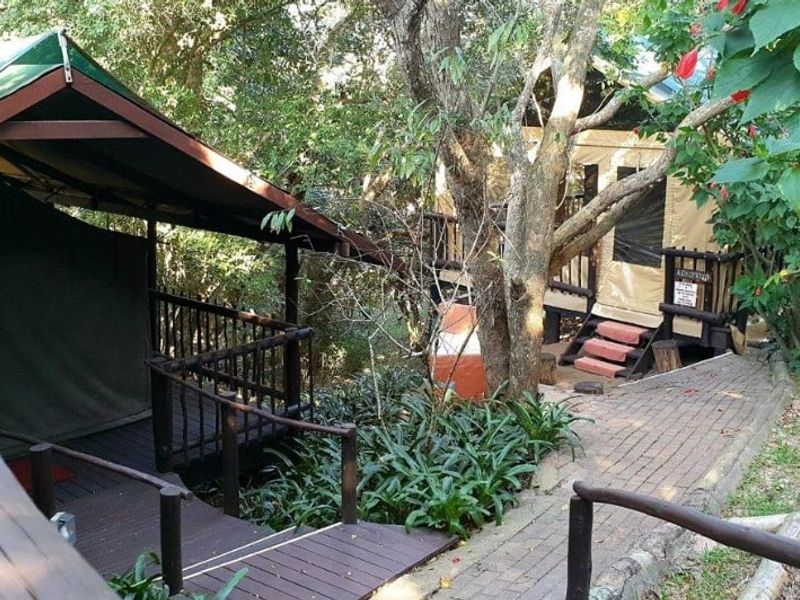A natural outdoor setting featuring raised timber decks, canvas tent structures, and brick paved pathways nestled within a wooded garden environment.