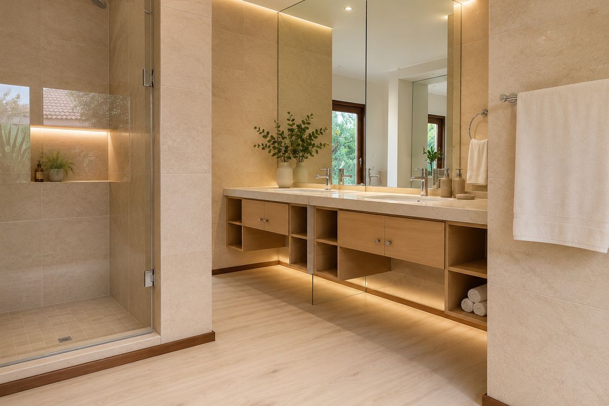 Modern bathroom featuring a double vanity with under-cabinet lighting, a spacious walk-in shower with a recessed niche, and large wall-to-wall mirrors.