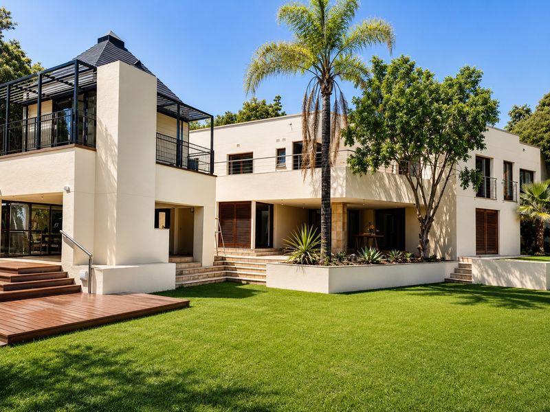 A well-maintained rear exterior view featuring a modern two-story residence with timber decking, balconies, and a landscaped garden area.