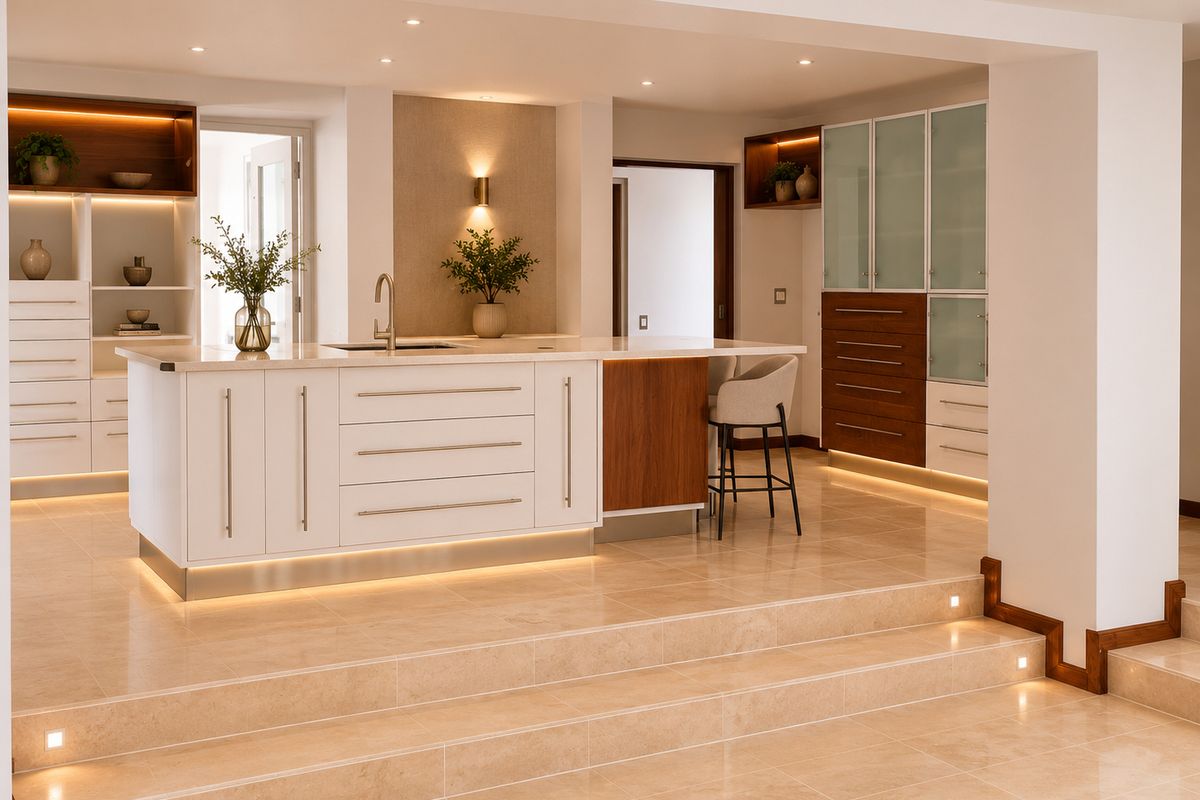 Modern kitchen featuring a central island with stone countertops, integrated cabinetry, and elegant under-cabinet lighting, set on a raised platform with stone flooring.