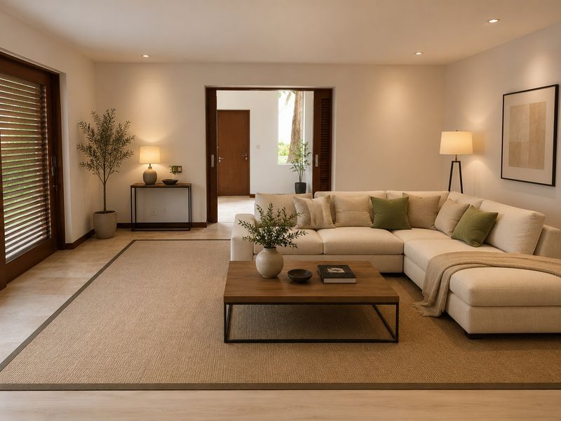 A well-lit, modern living room featuring neutral tones, tiled flooring, and sliding timber doors leading to an adjacent space.
