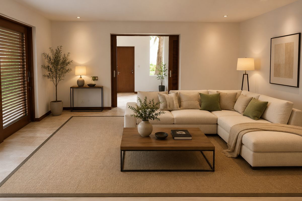A bright and well-maintained living room featuring neutral tones, recessed lighting, and large sliding glass doors that provide access to the exterior.