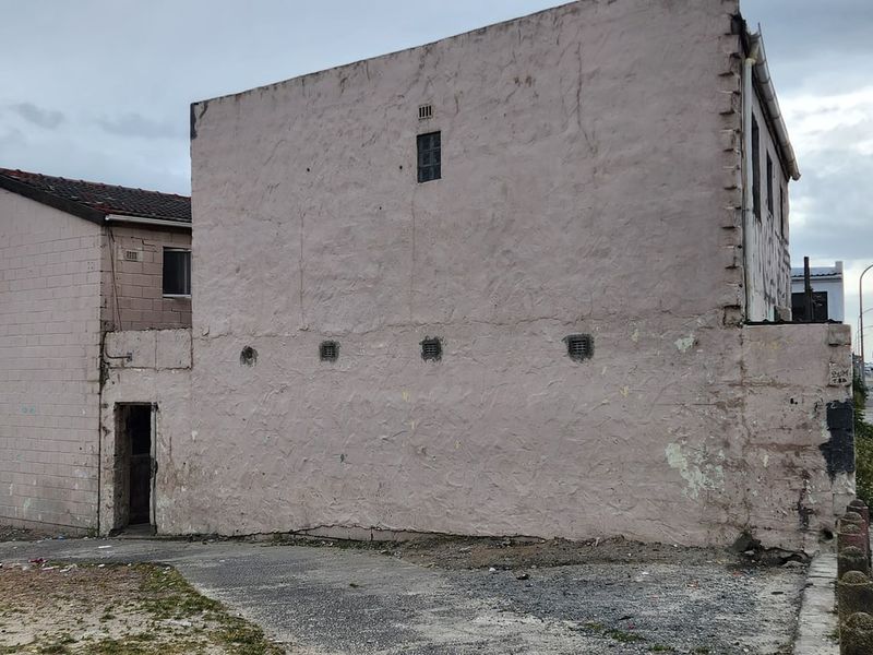 Side and front elevation of a masonry house showing significant weathering and deterioration of the exterior plaster and paint finishes.