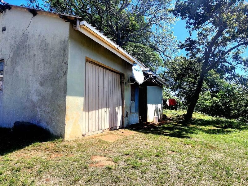 A view of a small residential structure featuring a garage door and satellite dish, set within a natural, grassy outdoor environment.