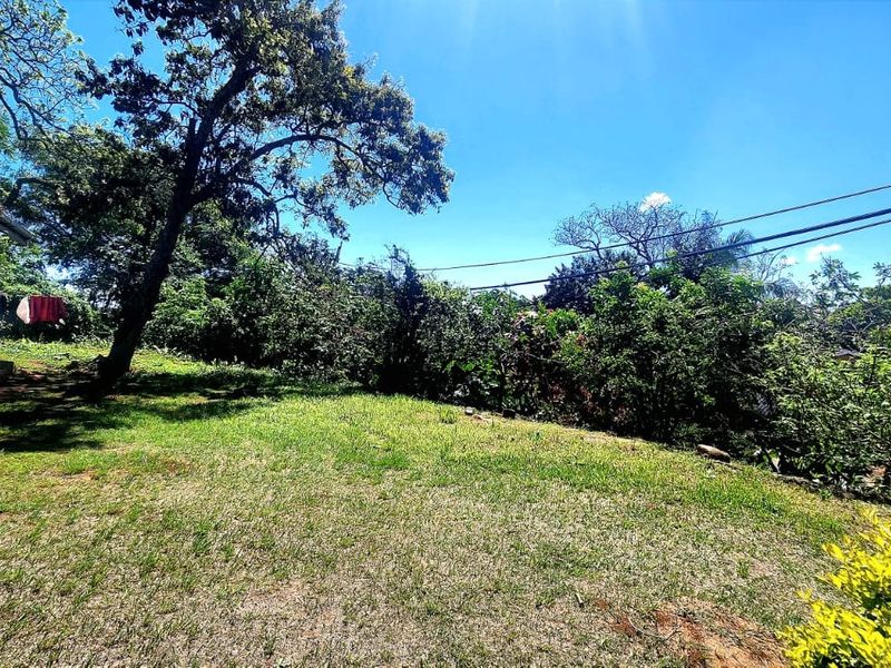 A view of the residential garden area featuring established trees, lawn, and a satellite dish mounted on the side of the building.