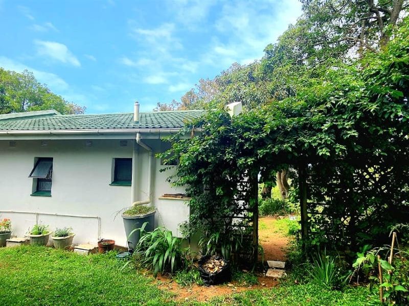 Rear view of the property featuring a tiled roof, casement windows, and a garden path shaded by a wooden trellis structure.