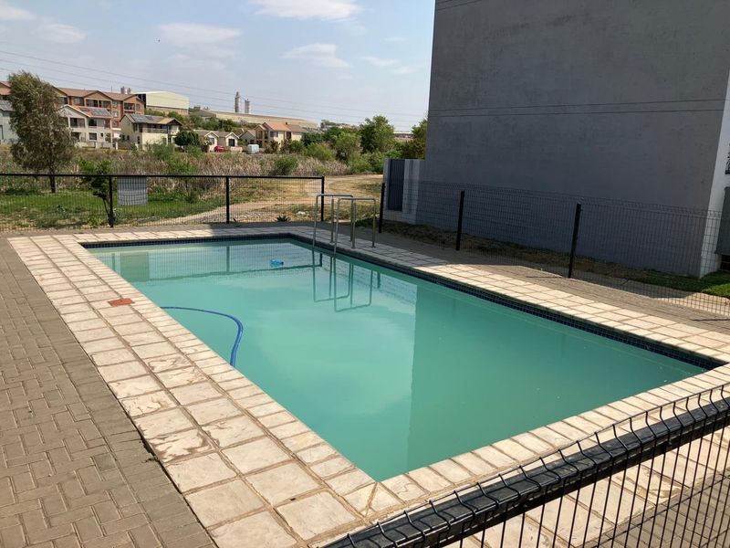 A rectangular swimming pool with paved surround and wire mesh fencing, situated in a residential backyard setting.