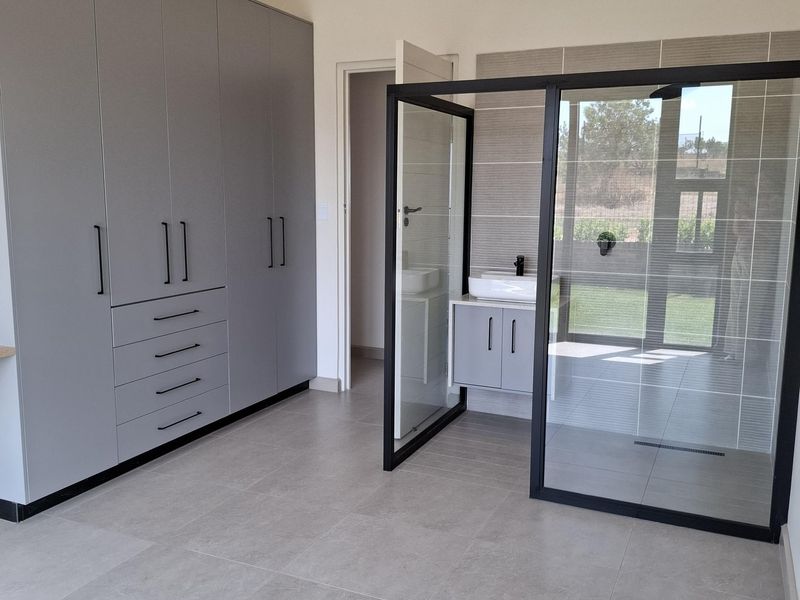 Modern bedroom featuring extensive built-in cabinetry and an open-plan en-suite bathroom with a glass-enclosed walk-in shower and vanity.