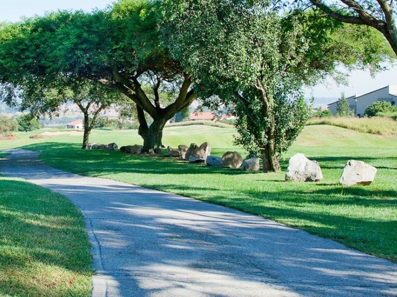 A well-maintained landscaped garden area featuring a paved pathway, mature trees, and decorative rock borders within a residential estate setting.