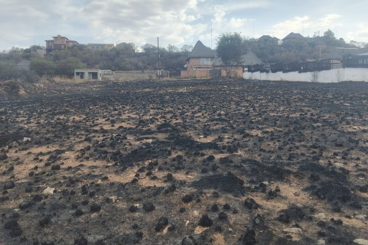 A vacant residential plot showing signs of recent fire damage to the ground cover, situated in a developed neighborhood.