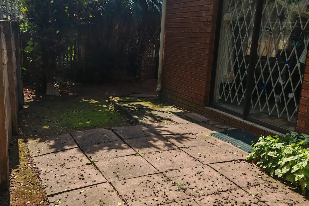 Rear exterior view of the townhouse featuring a brick facade, sliding glass door with security gate, and a paved patio area requiring maintenance.