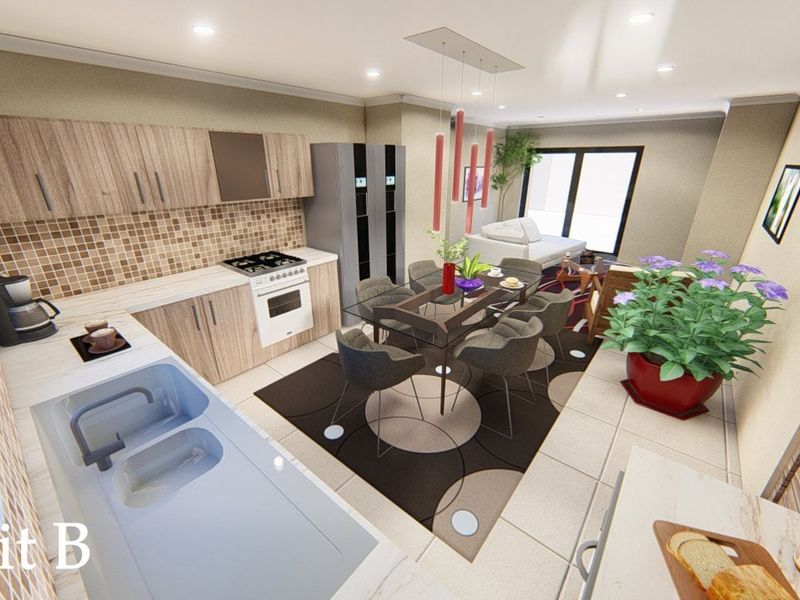 Modern open-plan kitchen and dining area featuring contemporary wood-finish cabinetry, integrated appliances, mosaic tile backsplash, and sleek tiled flooring throughout.