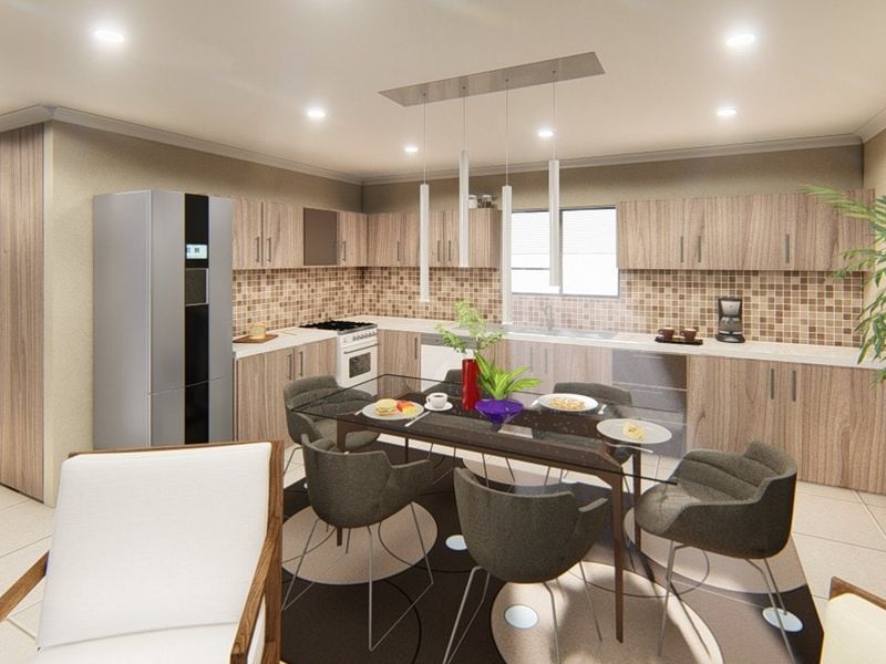 Modern open-plan kitchen and dining area featuring wood-finish cabinetry, tiled backsplash, recessed lighting, and integrated appliances.