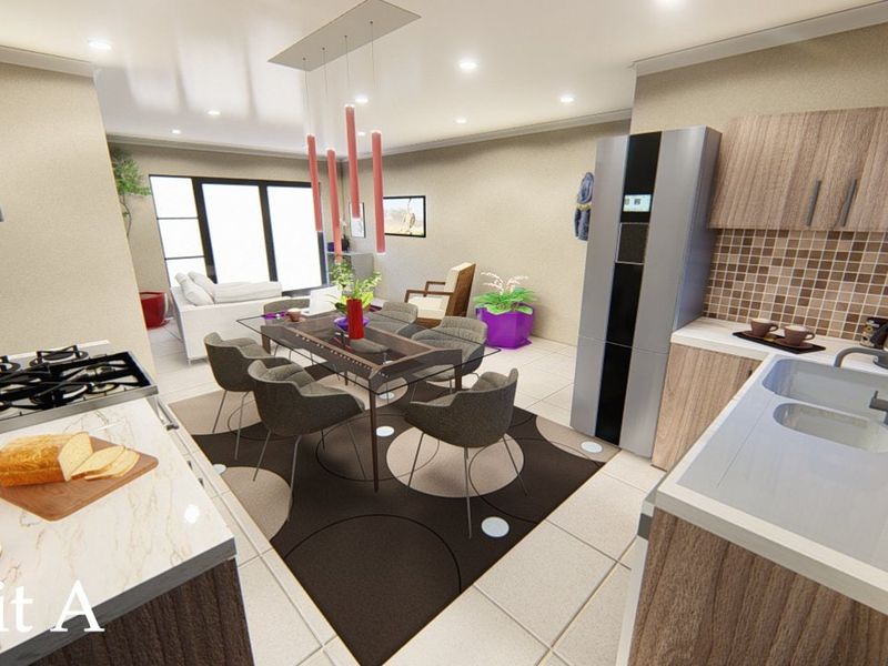 Open-plan kitchen and dining area featuring modern cabinetry, a gas hob, mosaic backsplash, and tiled flooring in a well-lit, contemporary townhouse layout.