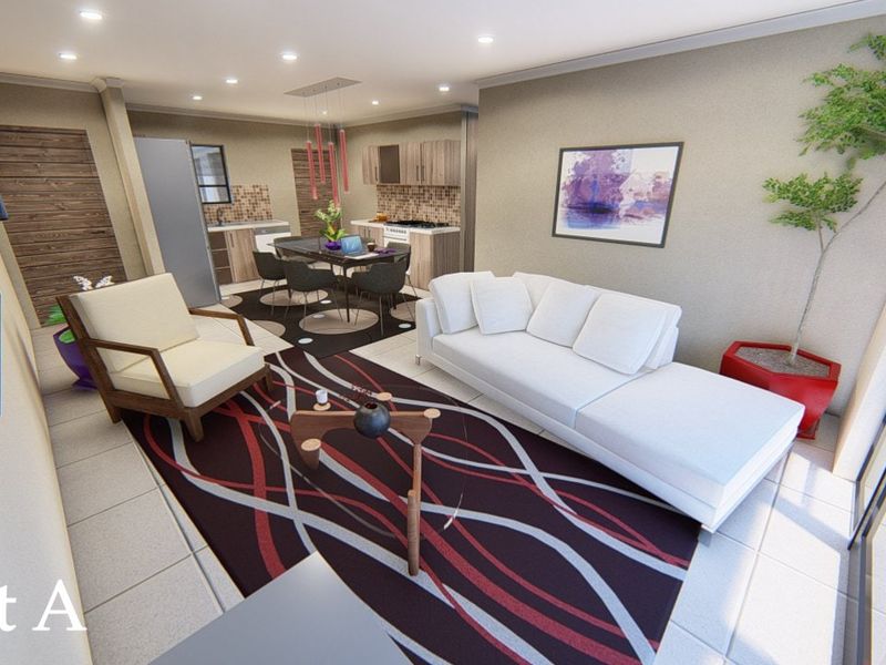 An open-plan living and kitchen area featuring tiled floors, recessed lighting, and modern cabinetry with a mosaic tile backsplash.