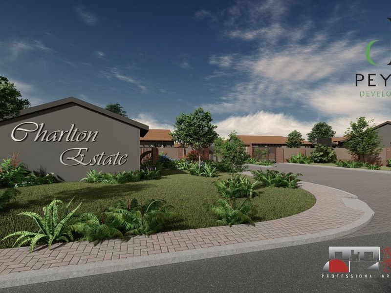 A professional architectural rendering of the Charlton Estate entrance, featuring paved access, boundary walls, and landscaped garden areas.