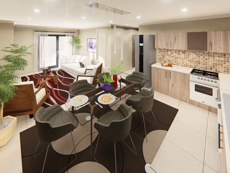 Spacious open-plan living and dining area featuring a modern kitchen with built-in cabinetry, gas stove, and tiled backsplash, leading to a bright patio.