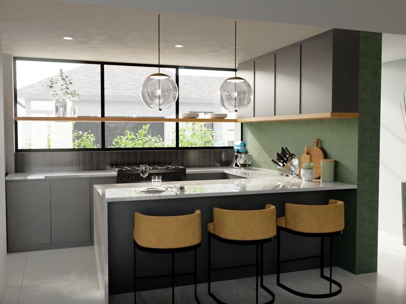 Modern kitchen featuring sleek dark cabinetry, stone countertops, a gas cooktop, and stylish pendant lighting with large windows providing ample natural light.