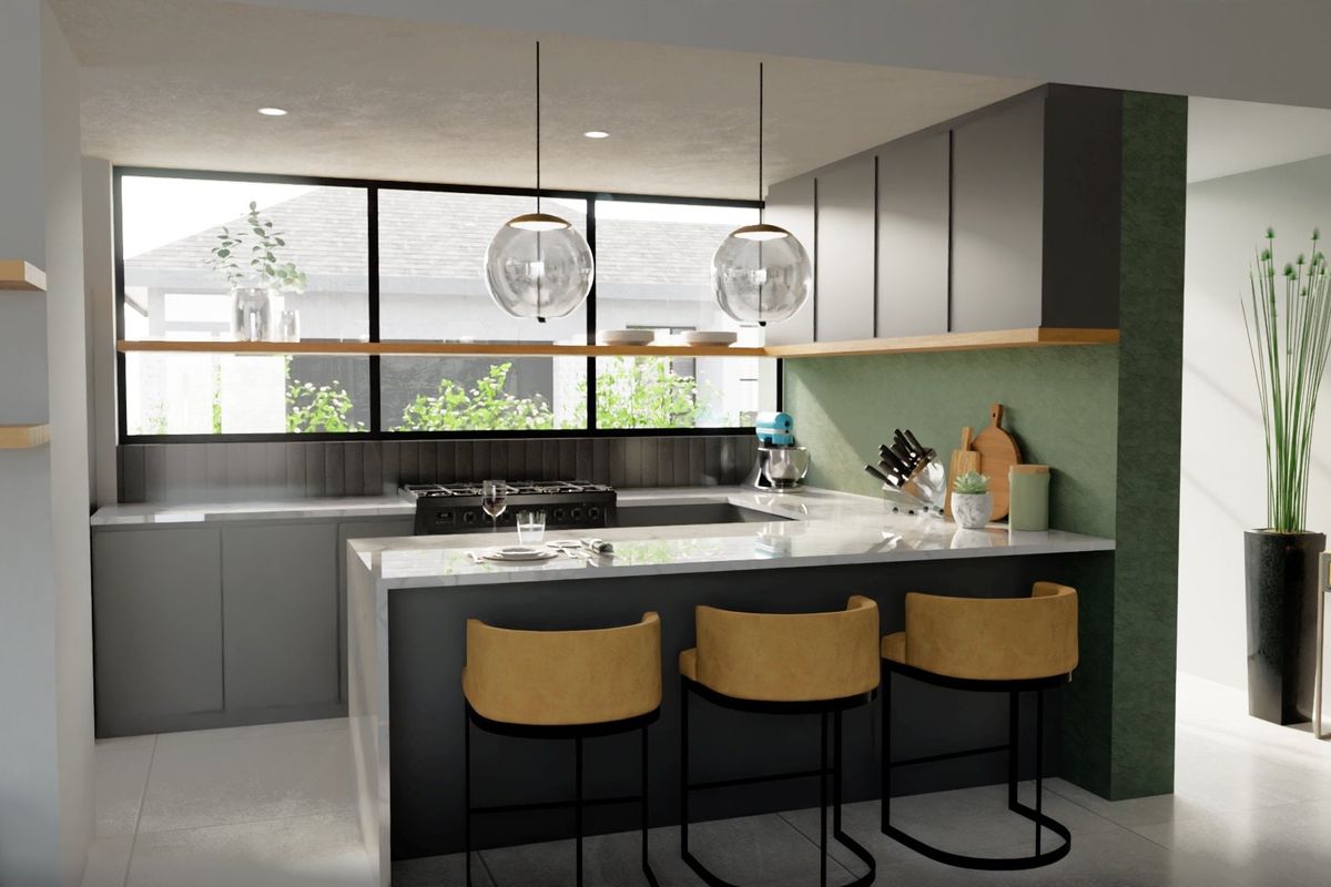 Modern kitchen featuring sleek dark cabinetry, stone countertops, a gas cooktop, and stylish pendant lighting with large windows providing ample natural light.