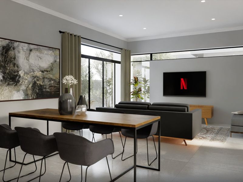 Modern open-plan living and dining area featuring large format floor tiles, recessed lighting, and expansive sliding glass doors leading to the outdoors.
