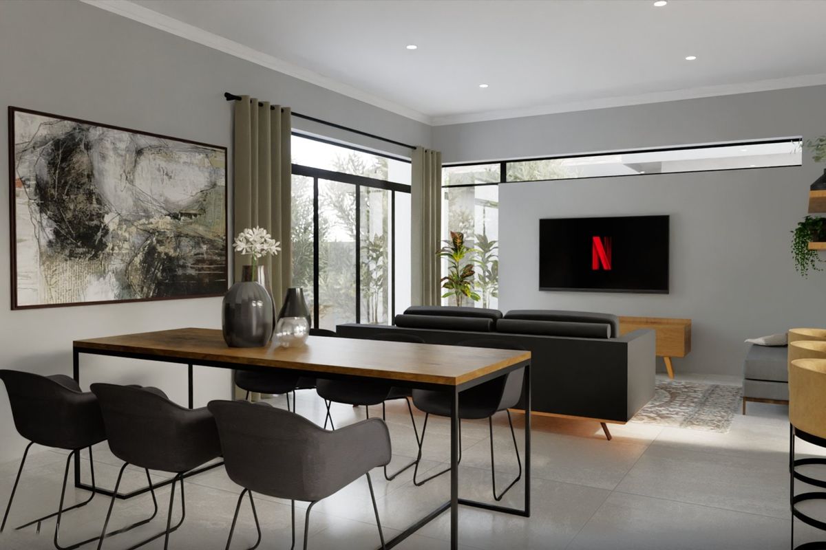 Modern open-plan living and dining area featuring large format floor tiles, recessed lighting, and expansive sliding glass doors leading to the outdoors.