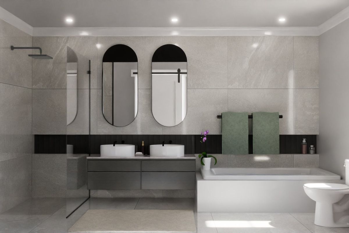 Modern, well-appointed bathroom featuring a double vanity, walk-in shower, built-in bathtub, and contemporary finishes throughout.