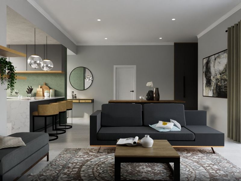 Modern open-plan living area featuring a sleek kitchen with a stone island, recessed lighting, and seamless access to the outdoor space.