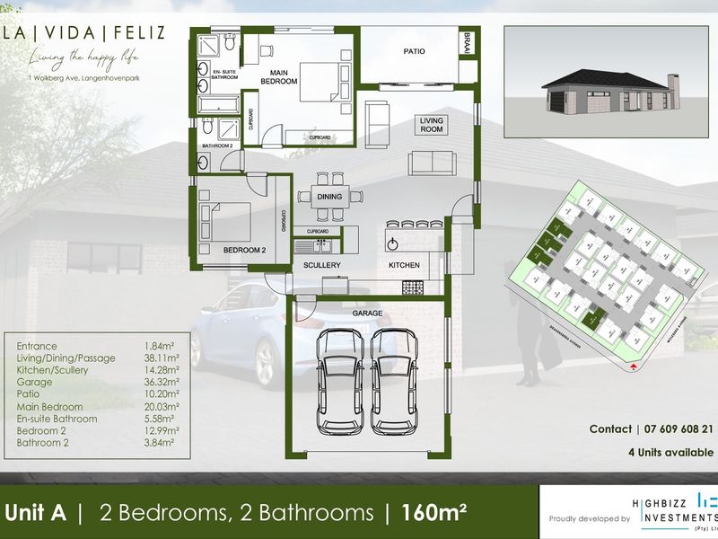 Architectural floor plan for a 160m2 townhouse unit featuring two bedrooms, two bathrooms, open-plan living areas, a scullery, and a double garage.