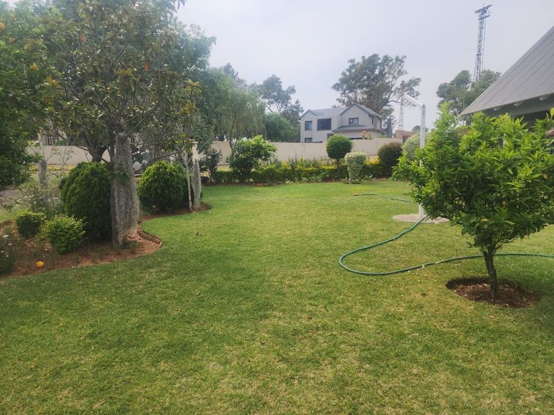 A well-maintained residential garden featuring a lush green lawn, mature trees, and established shrubbery enclosed by a perimeter wall.