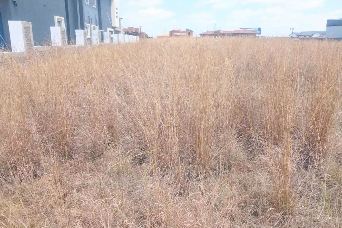 A view of a vacant residential plot covered in dry grass, situated in a developed neighborhood with existing boundary walls.