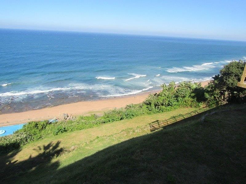 Elevated coastal view overlooking the ocean, sandy beach, and surrounding greenery.
