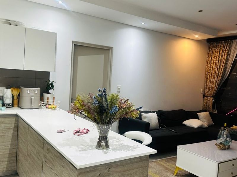 Modern open-plan apartment featuring a contemporary kitchen with stone countertops and integrated appliances, flowing seamlessly into a comfortable living area.