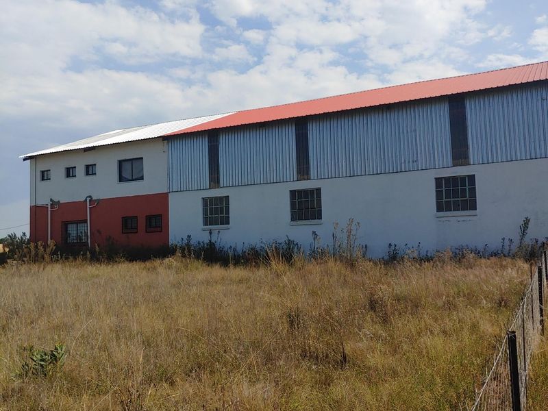 Rear view of a large industrial-style building featuring metal cladding, a red roof, and security-barred windows, set against an overgrown field.