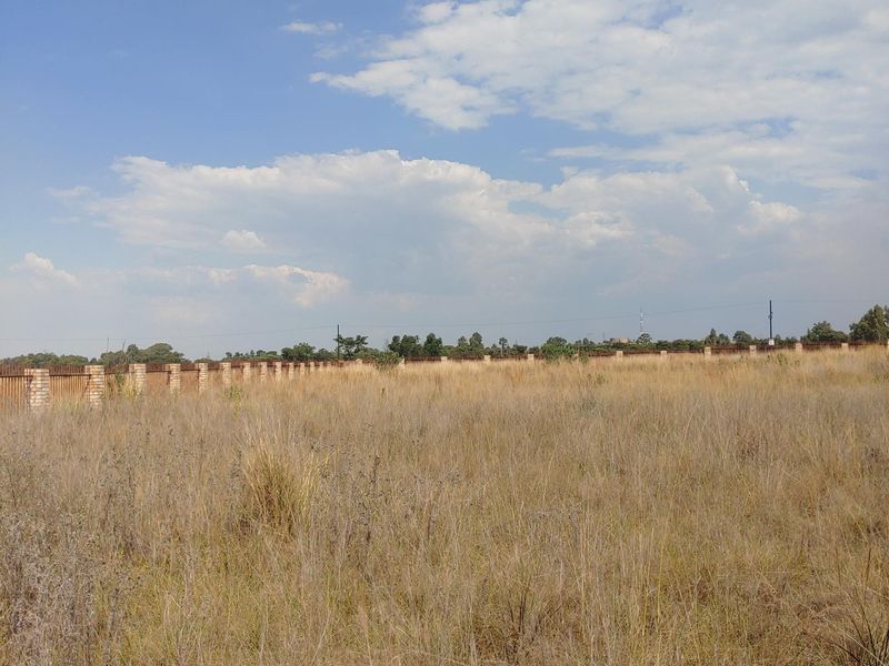 A large, undeveloped plot of land featuring dry grass and a perimeter brick boundary wall.