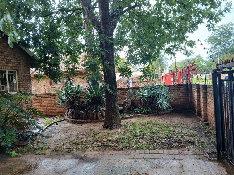 A private garden area featuring a brick boundary wall, mature tree, and paved driveway section with electric security fencing.