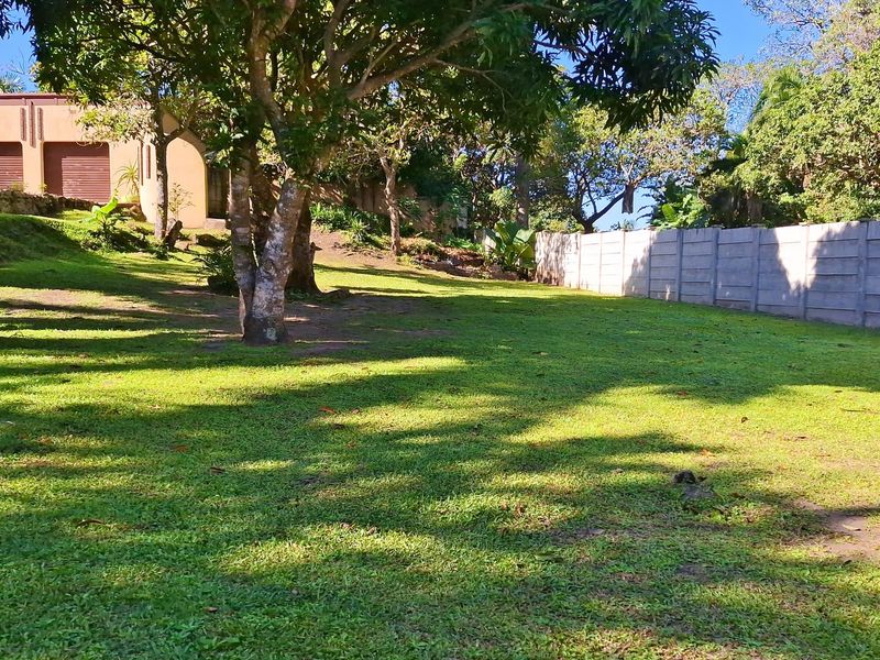 A spacious, well-maintained garden area featuring mature trees and a secure precast concrete boundary wall.