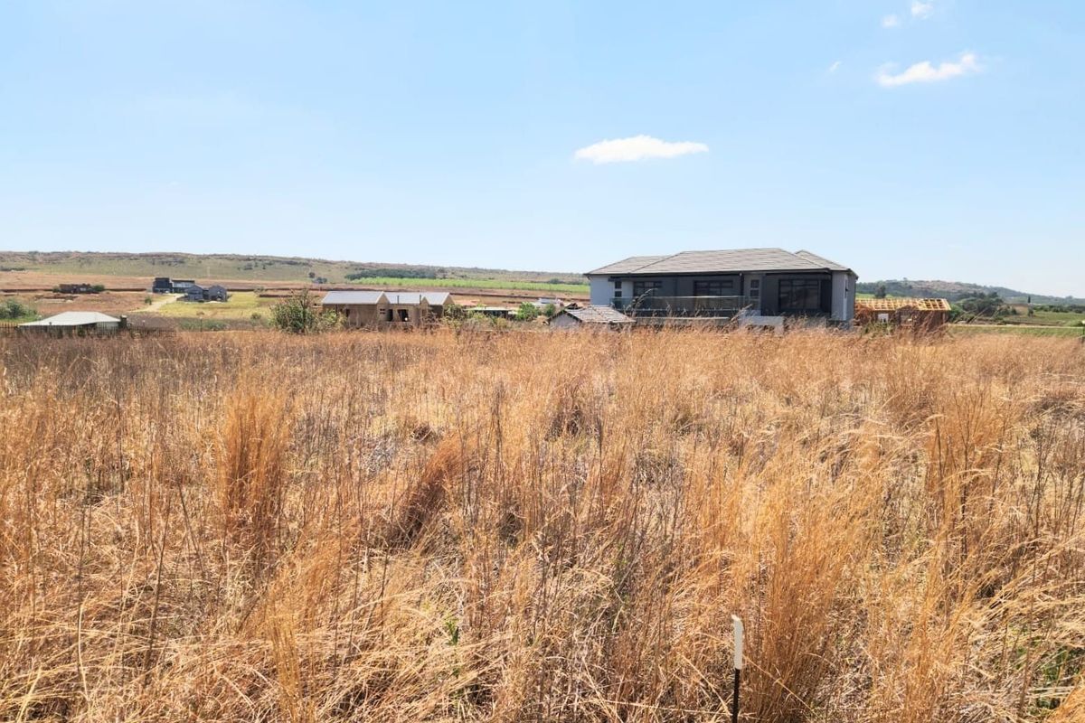 A view of a vacant residential plot featuring dry grass, with established and under-construction homes visible in the surrounding neighborhood.