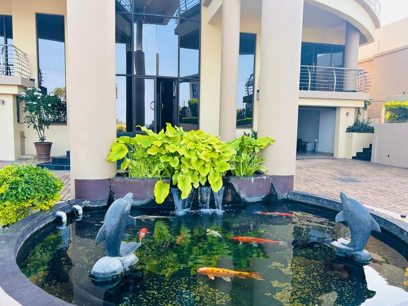 Front entrance area featuring a decorative koi pond with water feature, set against a modern architectural facade with large glass windows and stone columns.