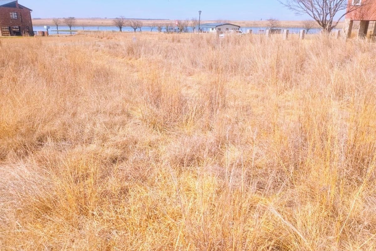 A vacant residential plot featuring natural dry grass vegetation with surrounding neighborhood buildings and distant water views.