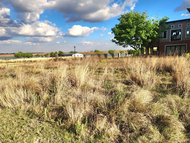 A view of a vacant residential plot featuring tall grass, a mature tree, and partial views of neighboring structures and landscape.
