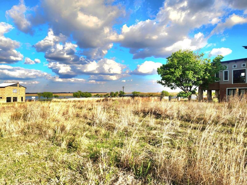 A view of a vacant residential plot featuring natural grass and mature trees, with neighboring properties visible in the background.