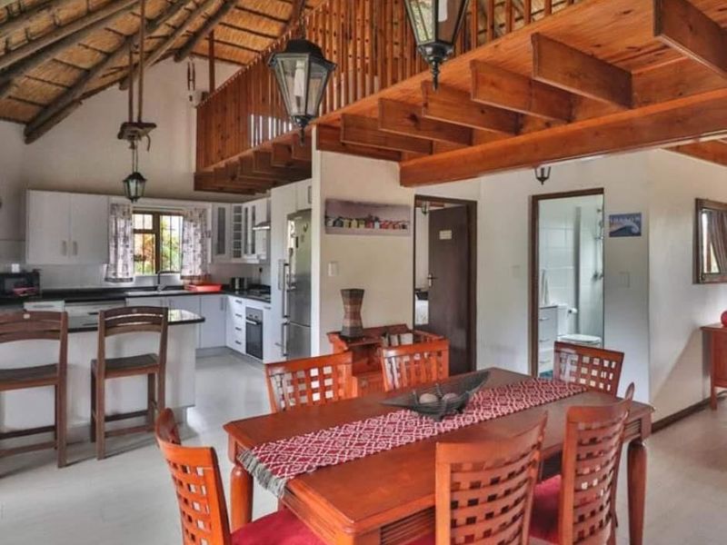 Open-plan living and kitchen area featuring a high thatched ceiling, exposed timber beams, and a mezzanine loft level overlooking the dining space.