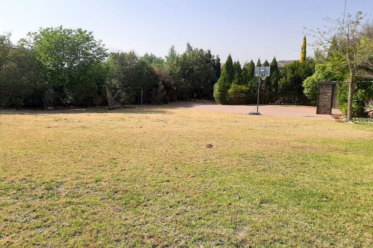 A spacious residential garden featuring a large lawn area, mature perimeter trees, established hedging, and a paved section.