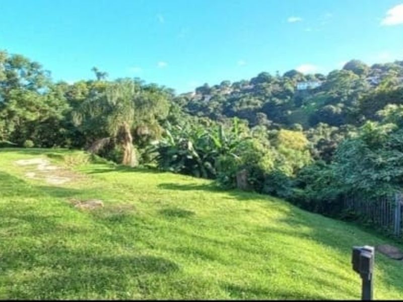 A spacious backyard garden featuring a lawn, paved walkway, and metal perimeter fencing, overlooking a lush green hillside.