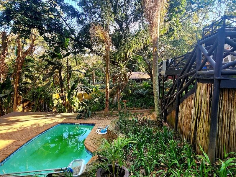 Outdoor pool area featuring a raised timber deck with balustrade, brick coping, and lush garden surroundings.