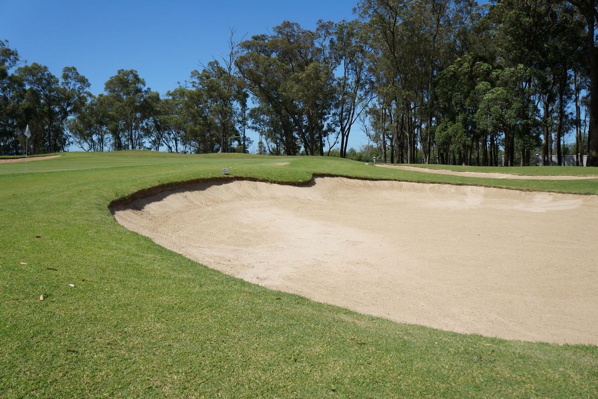 A well-maintained golf course sand bunker and putting green surrounded by mature trees.