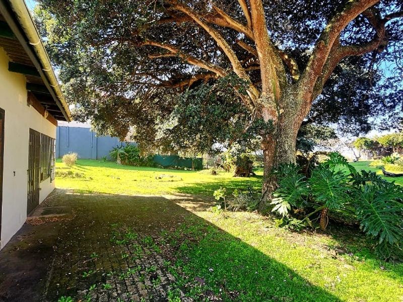 Rear view of the property featuring a paved patio area, timber-framed glass doors, and a spacious, mature garden with established trees.