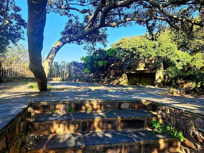 A rustic outdoor patio area featuring natural stone paving, stone retaining walls, and a built-in stone fireplace, shaded by mature trees.